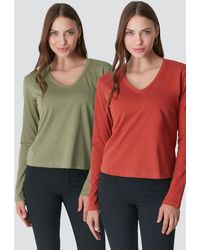C&City - 2-Teiliges Basic-T-Shirt Mit V-Ausschnitt Und Langen Ärmeln 954/Fliese Für Damen - Lyst