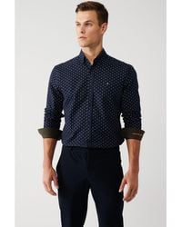 AVVA - Marineblaues, Geknöpftes, Gemustertes, Besticktes Baumwollhemd A32Y2141 Für Herren - Lyst