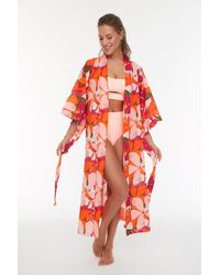 Trendyol - Maxi-kimono und kaftan aus 100 % gewebter baumwolle mit blumenmuster und gürtel - Lyst