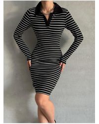BEJNA - Schwarzes, Gestreiftes, Dehnbares Strickkleid Mit Polokragen – Lange Ärmel Für Damen - Lyst