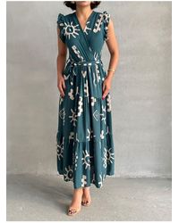 BEJNA - Grünes, Gewebtes Kleid Mit Fliegenärmeln Und Zweireihigem Ausschnitt Für Damen - Lyst