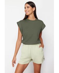 Trendyol - Mintfarbenes 100 Zinn Denim-Shorts Mit Elastischem Bund Für Damen - Lyst