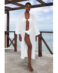 Trendyol - Ecrufarbener, Mittelgroßer, Gestreifter Kimono Mit Gürtel Und Kaftan – 100 Baumwolle Für Damen - Lyst