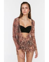 Trendyol - Gestricktes Mini-Strandkleid – Abstraktes Muster, Durchsichtiger Kordelzug Für Damen - Lyst