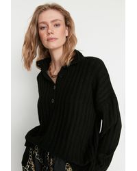 Trendyol - Schwarzer, Weich Strukturierter Strickpullover Mit Stehkragen Und Weiter Passform Für Damen - Lyst
