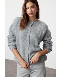 Trendyol - Grauer Strick-Cardigan Mit Glänzendem Glitzer-Stickerei – Weiche Textur Für Damen - Lyst