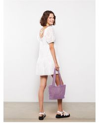 LC Waikiki - Selbstgemustertes Kurzarm-Kleid Mit Quadratischem Ausschnitt Und Stickerei Für Damen - Lyst