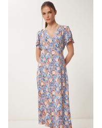 Happiness İstanbul - Blaues, Cremefarbenes, Floral Gemustertes Sommer-Viskosekleid Für Damen - Lyst