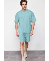 Trendyol - Mintfarbenes, übergroßes, bedrucktes strickpyjama-set mit shorts - Lyst