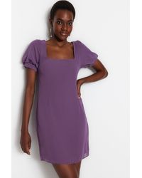 Trendyol - Lilafarbenes, Gerade Geschnittenes, Gewebtes Mini-Kleid Mit Chiffon-Futter Und Quadratischem Kragen Für Damen - Lyst