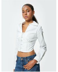 Koton - V-Ausschnitt Langarm Crop Bluse Mit Metall-Accessoires Für Damen - Lyst