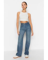 Trendyol - Blaue, Mehr Haltbare Jeans Mit Hoher Taille Und Weitem Bein Für Damen - Lyst