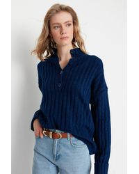 Trendyol - Marineblauer, Weich Strukturierter Strickpullover Mit Stehkragen Und Weiter Passform Für Damen - Lyst