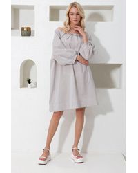 Trend Alaçatı Stili - Braunes Kleid Mit Breitem Kragen, Gestreiftem Kragen Und Gebundenem Webkleid Alc-X11712 Für Damen - Lyst