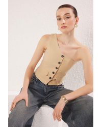 Trendyol - Beigefarbene Gewebte Weste Mit Einem Ärmel Und Normaler Leinenoptik Für Damen - Lyst