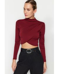 Trendyol - Weinrote, Drapierte Crop-Bluse Mit Hohem Kragen Und Hohem Kragen Für Damen - Lyst