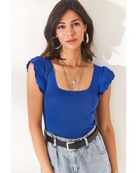 Olalook - Sommerbluse Saks Aus Blauem Strick Mit Rüschenärmeln Für Damen - Lyst