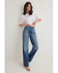 Trendyol - Blaue, Detaillierte Jeans Mit Hoher Taille Und Weitem Bein Für Damen - Lyst