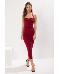 Trendyol - Dehnbares, Figurbetontes Maxikleid Mit V-Ausschnitt Und Kordelzug – Weinrot, Für Damen - Lyst
