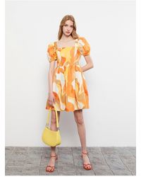 LC Waikiki - Kleid Aus Popeline Mit Quadratischem Kragen Und Gemusterten Ballonärmeln Für Damen - Lyst