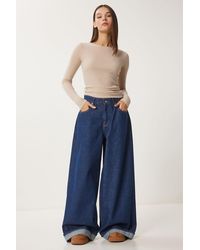 Happiness İstanbul - Dunkelblaue Jeans Mit Hoher Taille Und Weitem Bein Für Damen - Lyst