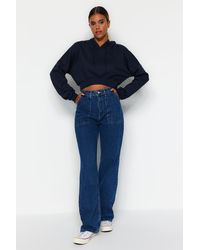 Trendyol - Marineblaue jeans mit hoher taille und weitem bein und taschendetail - Lyst