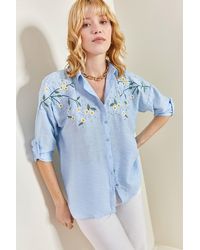 Bianco Lucci - Gefaltetes Ayrobin-Leinenhemd Mit Gänseblümchen-Stickerei An Den Ärmeln Für Damen - Lyst