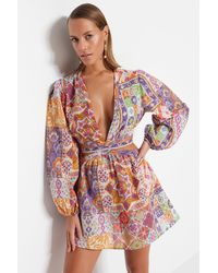 Trendyol - Ethnisch Gemustertes Mini-Strandkleid Aus 100 Baumwolle Mit Ausschnitt/Fensterausschnitt Für Damen - Lyst