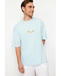 Trendyol - Es, übergroßes/weit geschnittenes, kurzärmliges, landschaftlich besticktes t-shirt aus 100 % baumwolle - xl - Lyst