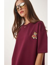 Happiness İstanbul - Burgunderrotes, Mit Teddybären Besticktes, Übergroßes Strick-T-Shirt Für Damen - Lyst
