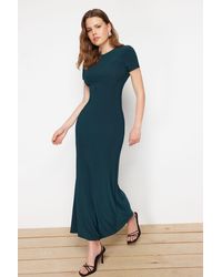 Trendyol - Dehnbares Gestricktes Maxi-Bleistiftkleid – Smaragdgrün, Rundhalsausschnitt, Kurze Ärmel – Für Damen - Lyst