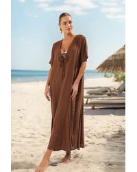 Trendyol - Braunes Maxi-Strandkleid Aus Gewebtem Leinen Mit Schnürung Für Damen - Lyst