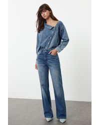 Trendyol - Blaue Jeans Mit Steindetails Und Weitem Bein – Reguläre Taille Für Damen - Lyst