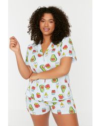 Trendyol - Es bedrucktes pyjama-set aus strick mit knöpfen - Lyst