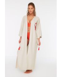 Trendyol - Korallener maxi-kimono und kaftan aus gewebter, bestickter leinenmischung mit gürtel, 100 % baumwolle, - Lyst