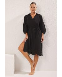 Trendyol - Strandkleidung Schwarzes Midi-Kleid Mit Gewebtem Kordelzug Und Detailliertem Stickerei-T-Shirt Für Damen - Lyst