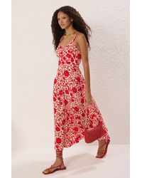 Trendyol - Roter Blumenrock, Gewebtes Midi-Kleid Mit Gipsverschluss An Der Taille Für Damen - Lyst