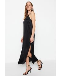 Trendyol - Schwarzes, Gerade Geschnittenes Midi-Webkleid Mit Rückendetail, Gewebtes Kleid Für Damen - Lyst