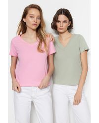 Trendyol - Mint, 100 % baumwolle, 2er-pack basic-strick-t-shirts mit v-ausschnitt - Lyst