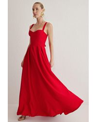 Trendyol - Rotes, Gewebtes, Langes, Stilvolles Abendkleid Mit A-Ausschnitt Und Schleifendetail Am Rücken Für Damen - Lyst