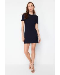 Trendyol - Marineblaues A-Linien-Minikleid Mit Rundhalsausschnitt Und Webmuster Für Damen - Lyst