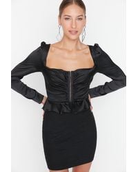 Trendyol - Schwarzes, Kurzes, Stilvolles Abendkleid Gewebtes Kleid Mit Quadratischem Kragen Für Damen - Lyst