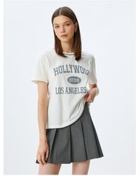 Koton - Kurzärmliges Baumwoll-T-Shirt Mit College-Print Und Geripptem Rundhalsausschnitt Für Damen - Lyst