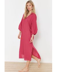 Trendyol - Fuchsia Wide Fit Woven Midi-Strandkleid Aus 100 Baumwolle Für Damen - Lyst