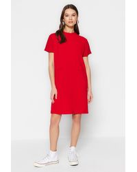 Trendyol - Rotes, Schickes Mini-Crêpe-Kleid Mit Offener Taille Und Skater-Optik Für Damen - Lyst