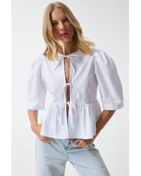 Happiness İstanbul - Weiße Bluse Aus Baumwollpopeline Mit Ballonärmeln Und Schleife Für Damen - Lyst