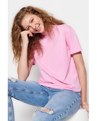 Trendyol - Basic-strick-t-shirt aus 100 % baumwolle mit stehkragen - Lyst