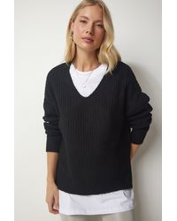 Happiness İstanbul - Schwarzer Strukturierter Strickpullover Mit V-Ausschnitt Für Damen - Lyst