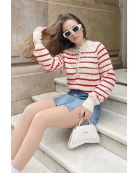 Bianco Lucci - Gestreifter Strickpullover Mit Geflochtenem Kragen Und Knöpfen Für Damen - Lyst