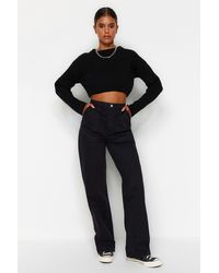 Trendyol - Schwarze Jeans Mit Hoher Taille Und Weitem Bein Und Taschendetail Für Damen - Lyst